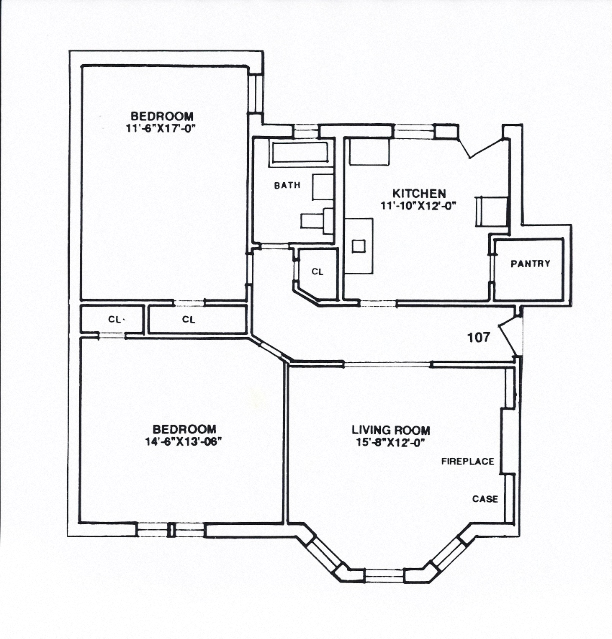 Floor plan for 2 beds, 1 bath, 970 sqft